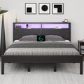 LOEWAY King Size Bed Frame with Storage Headboard, Industrial Platform Bed with Charging Station and LED Lights, Heavy Duty Metal Slats, No Box Spring Need, Noise Free, Black