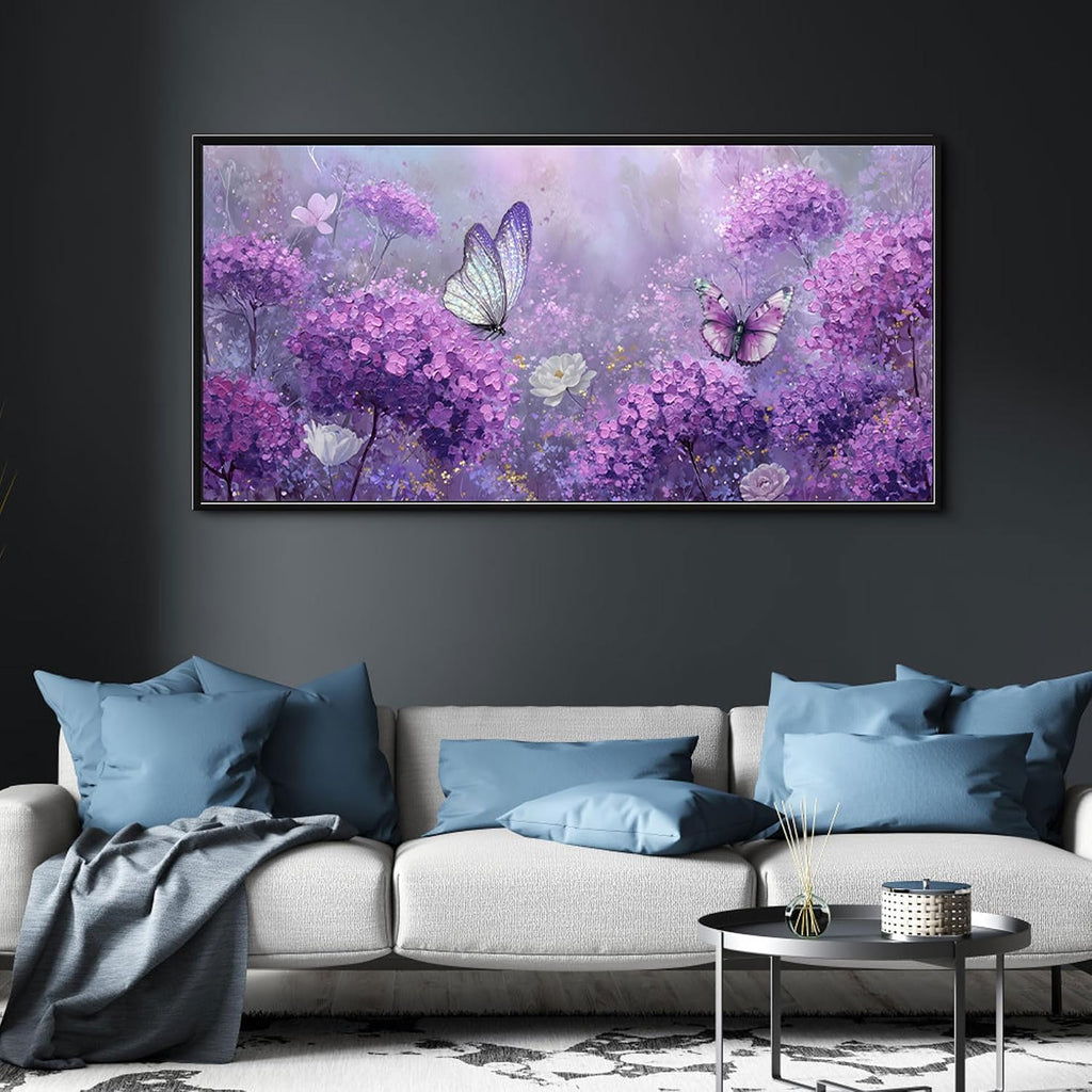 yiijeah Purple Wall Art Bedroom Canvas Lavender Bathroom Decor Butterfly Picture Items for Women Framed Artwork Print 58x29 Inches