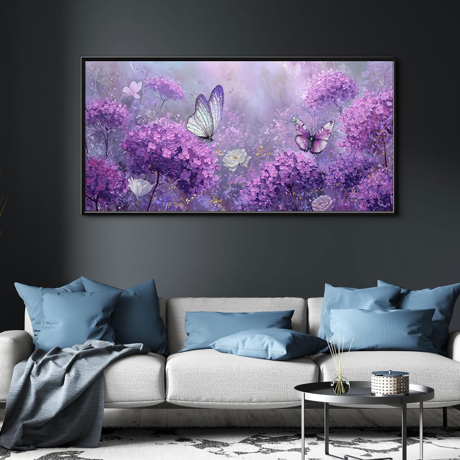 yiijeah Purple Wall Art Bedroom Canvas Lavender Bathroom Decor Butterfly Picture Items for Women Framed Artwork Print 58x29 Inches
