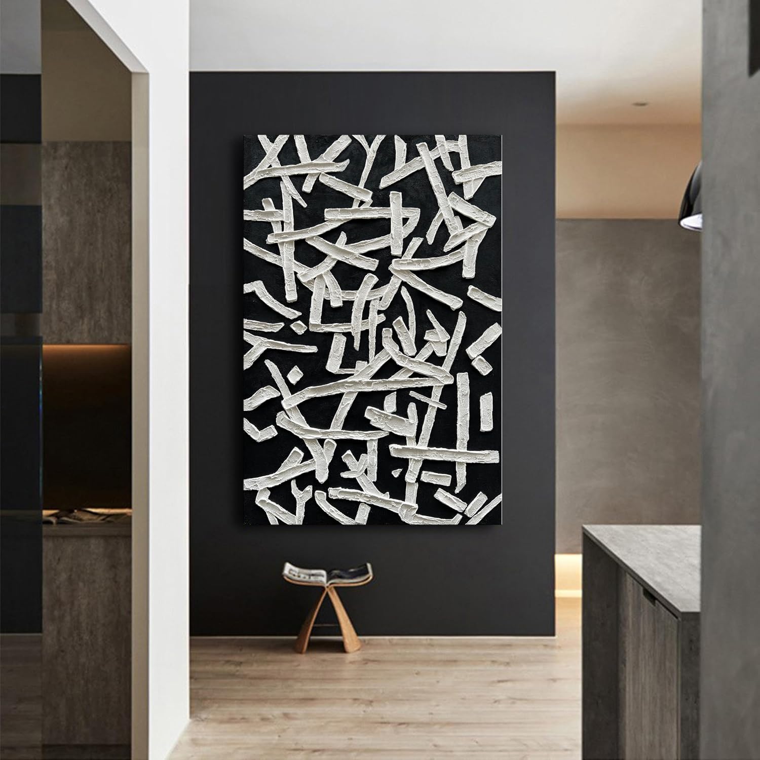 NANKAI Art Hand Painted Oil on Canvas in Black and White Modern Abstract Minimalist Oil Painting Home Wall Art Deco 45x30 inches