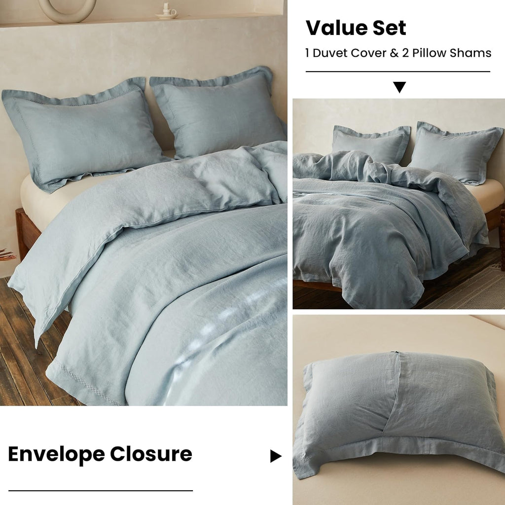 Simple&Opulence 100% Linen Duvet Cover Set with Crossed Embroidery Washed - 3 Pieces (1 Duvet Cover with 2 Pillow Shams) Soft Breathable Farmhouse - Dusty Blue, King Size