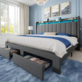 Allewie King Size Bed Frame with 2-Tier LED Storage Headboard, Upholstered King Platform Bed Frame with 2 Storage Drawers, USB & Type-C Charging Ports, Noise-Free/No Box Spring Needed, Dark Grey