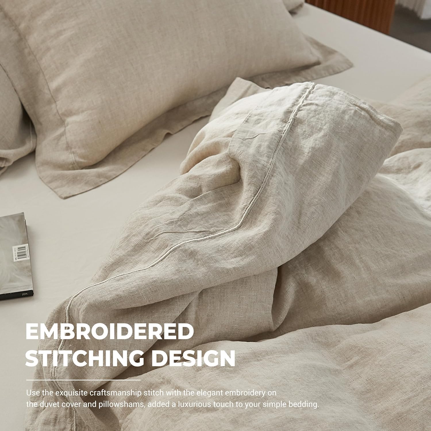 Simple&Opulence 100% Washed Linen Duvet Cover with Embroidered,3 Pieces Soft Farmhouse Comforter Set with Button Closure,1 Duvet Cover and 2 Pillowshams(Queen,Natural Linen)