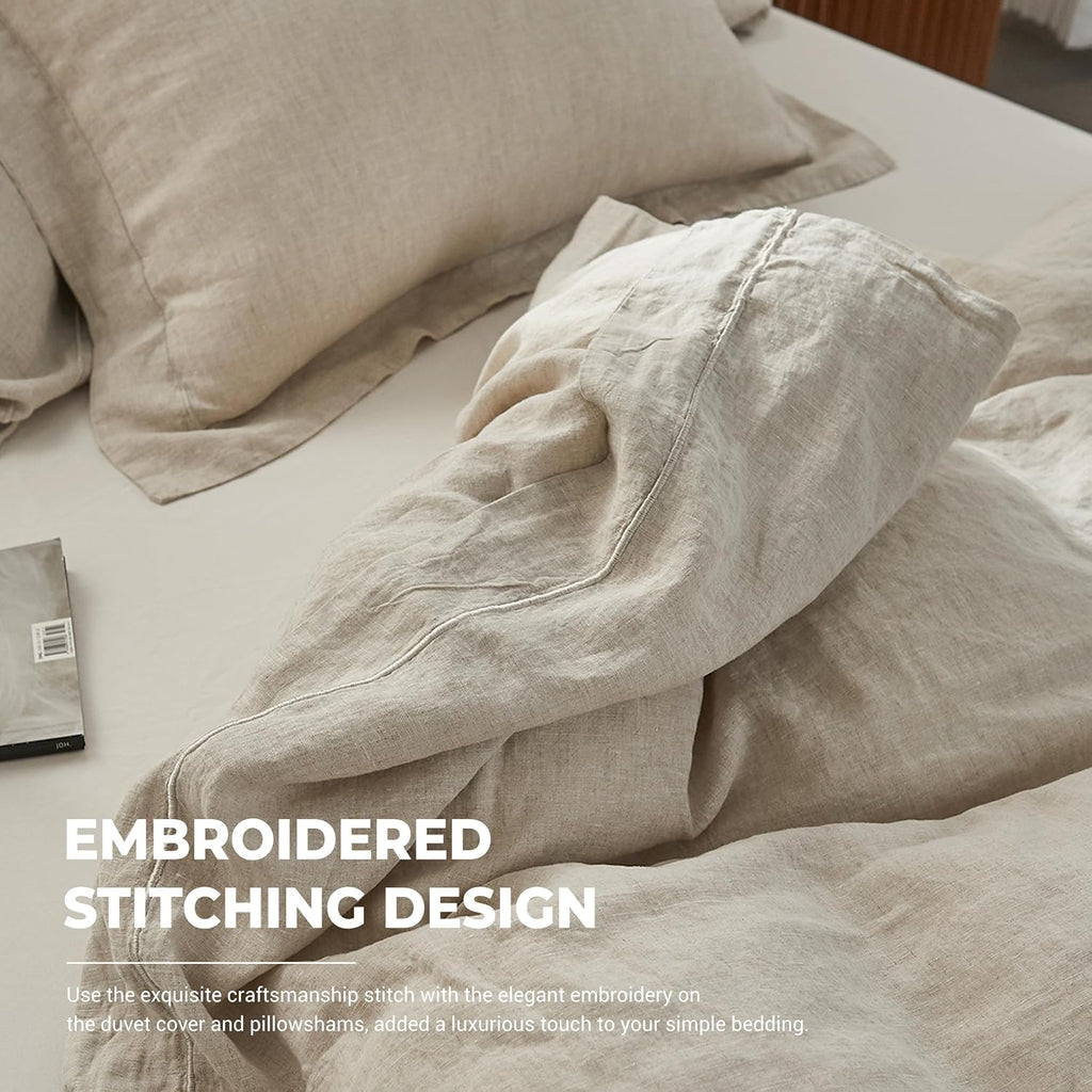 Simple&Opulence 100% Washed Linen Duvet Cover Set with Embroidered,3 Pieces Soft Farmhouse Comforter Set with Button Closure,1 Duvet Cover and 2 Pillowshams(King,Natural Linen)