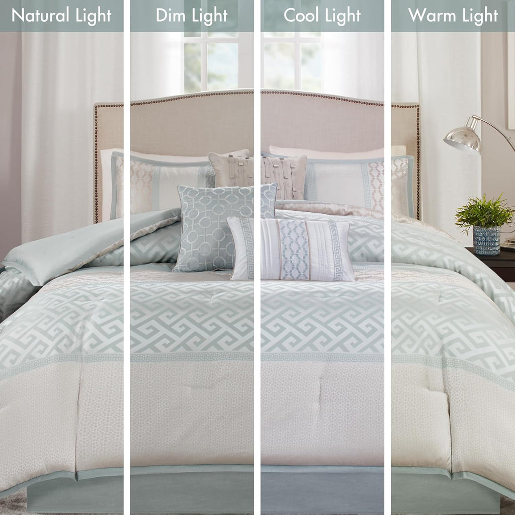 Madison Park Luxury Comforter Set-Traditional Jacquard Design All Season Down Alternative Bedding, Matching Bedskirt, Decorative Pillows, Cal King(104'x92'), Bennett, Geometric Aqua, 7 Piece
