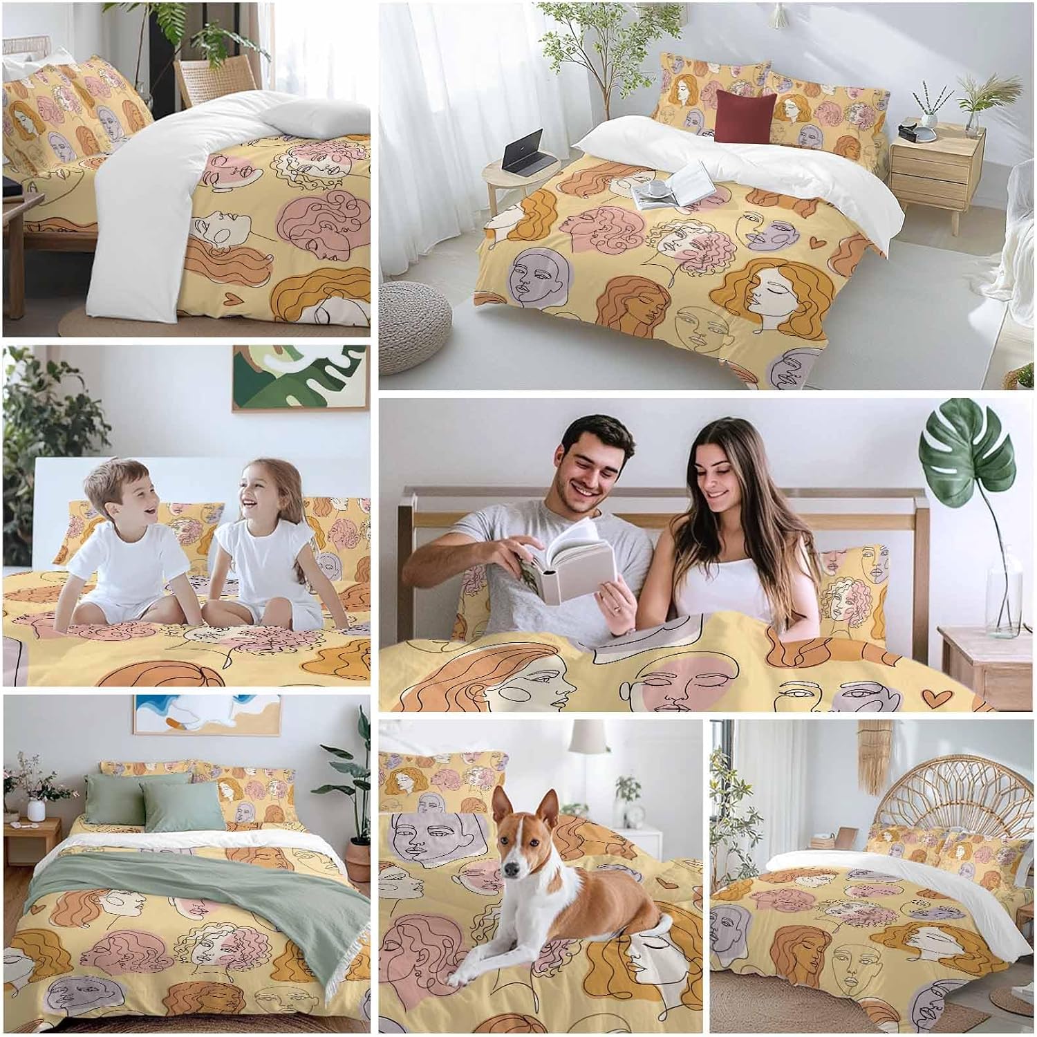 Abstract Face Painting Duvet Cover Set Queen Size 4 Pieces Boho Yellow Portraits Minimalist Line Bedding Set with Zipper Closure, 1 Comforter Cover 90x92 Inches 1 Flat Sheet & 2 Pillow Cases