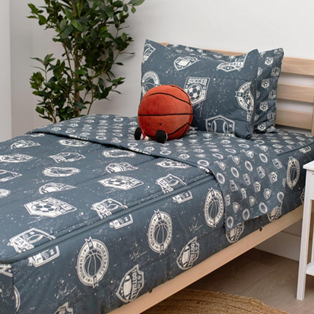 Beddy's Sports Theme Durable Zipper Bedding for Kids - Bed in a Bag - Blue Sheets with Baseball, Football, Basketball, Soccer Comforter - Includes Pillowcase & Sham - Easy to Make & Wash - Twin