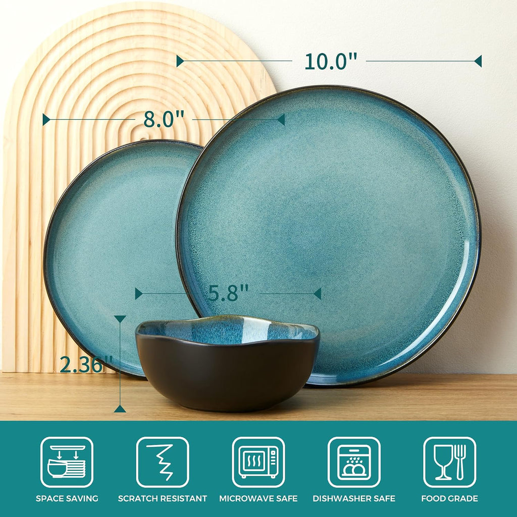 Pokini 24 Piece Stoneware Dinnerware Set for 8, Reactive Glaze Plates and Bowls Sets | Designed for Holiday Dinners, Thanksgiving, Party Hosting | Durable Irregular Coastal Design, Green Black