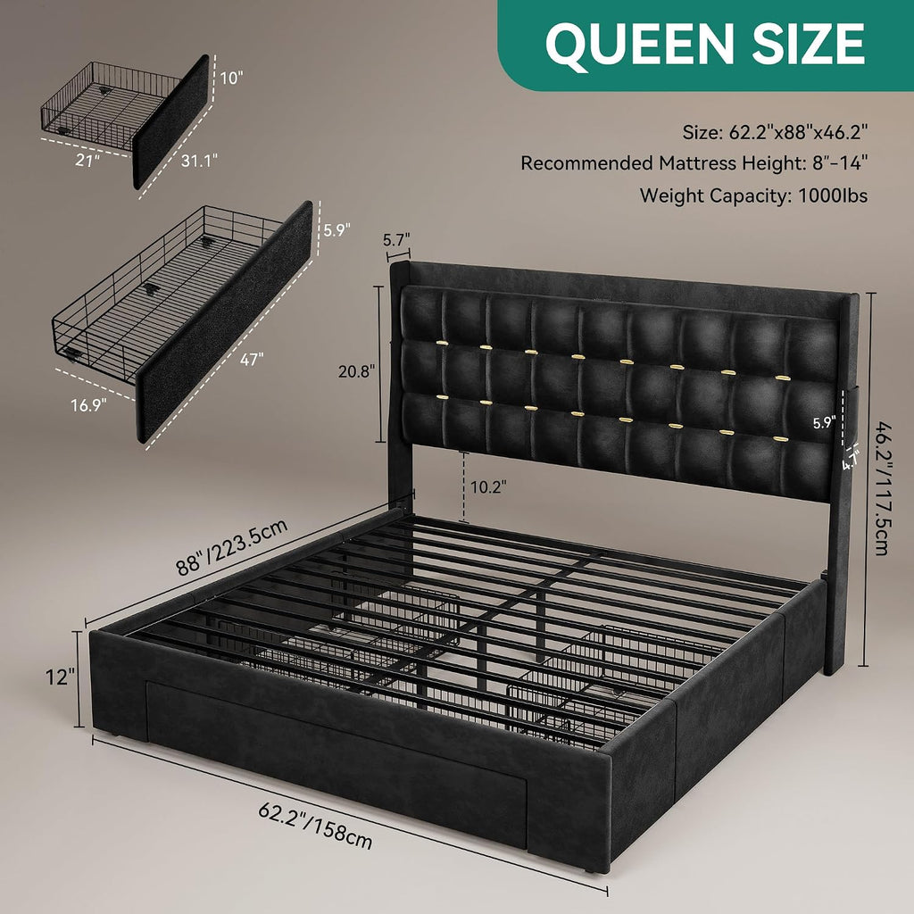 DWVO Queen Size Bed Frame with 3 Storage Drawers and RGB LED Lights, Velvet Upholstered Bed with Charging Station and Storage Headboard, No Box Spring Needed, Easy Assembly, Noise-Free, Black