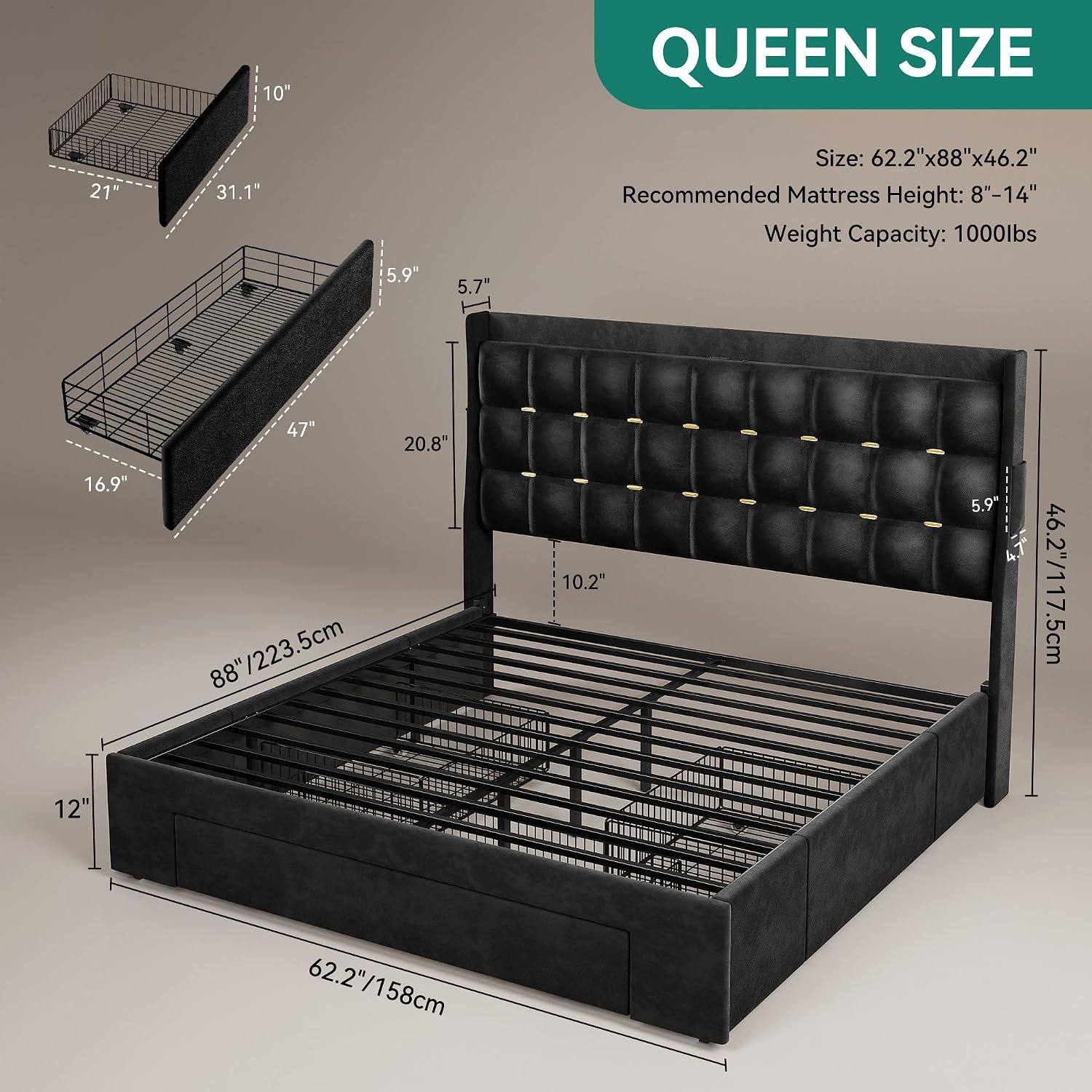DWVO Queen Size Bed Frame with 3 Storage Drawers and RGB LED Lights, Velvet Upholstered Bed with Charging Station and Storage Headboard, No Box Spring Needed, Easy Assembly, Noise-Free, Black