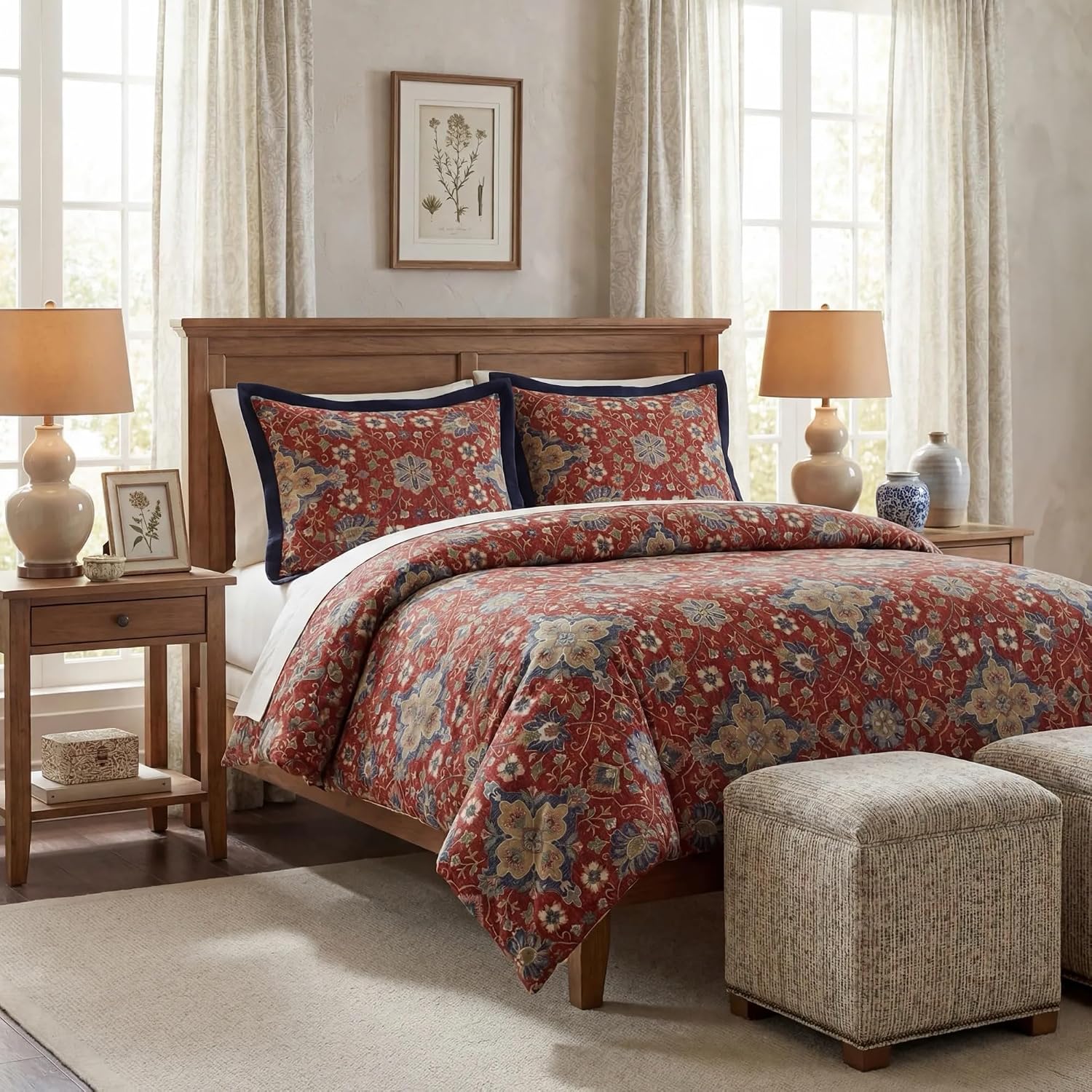 HiEnd Accents Washed Linen Melinda 3 Piece Floral Comforter Set, Queen Size, Red Navy Blue Medallion Bedding, Classic Western Modern Rustic Lodge Style, Flower Linen Comforter with Pillow Shams