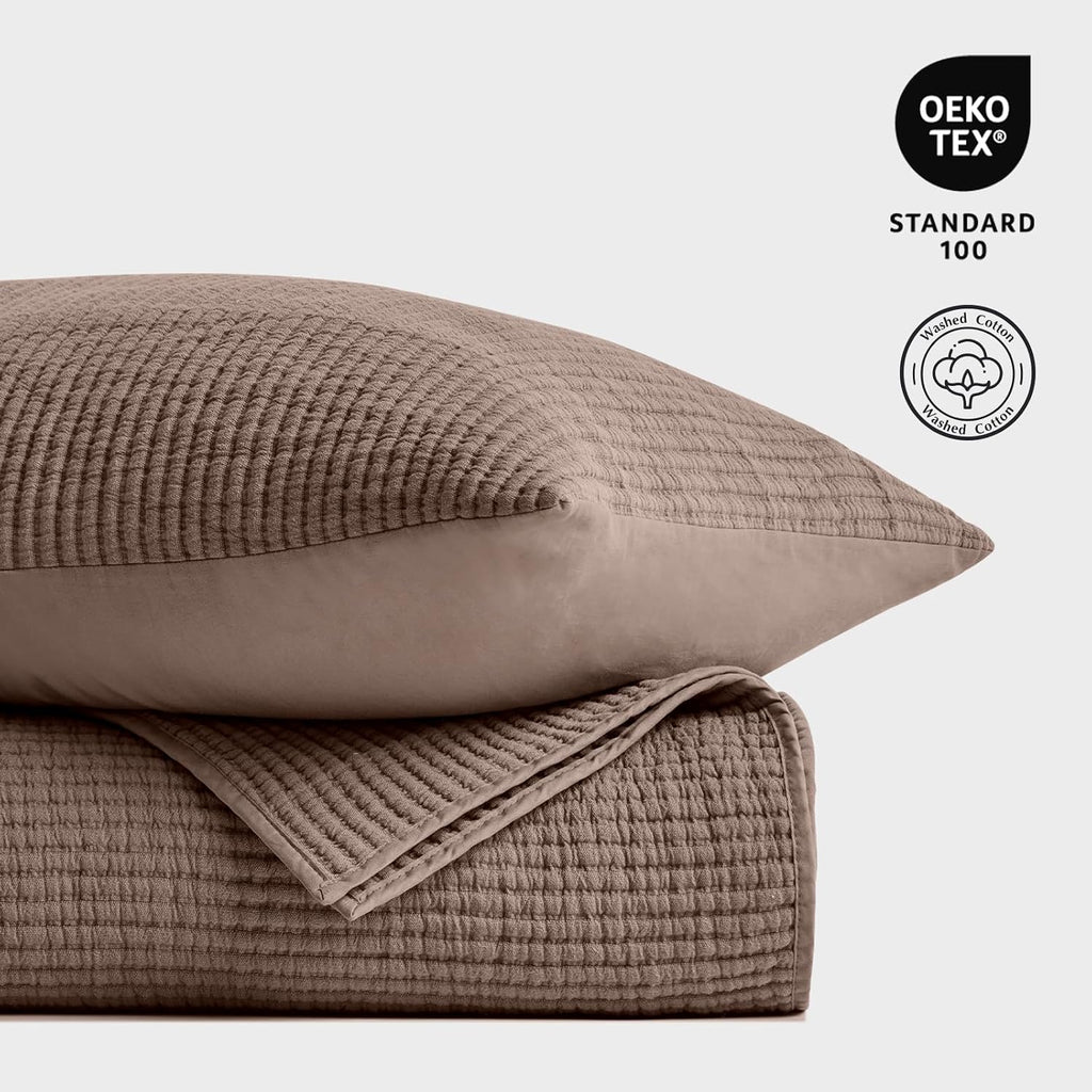 EVERGRACEHOME Cotton Coverlet Set King Size 3 Pieces, Lightweight Soft Ribbed Matelassé Bedspread Quilt Set, Cozy Oversized Quilted Bedding Set with 2 Pillow Shams for All Seasons, Mocha Brown
