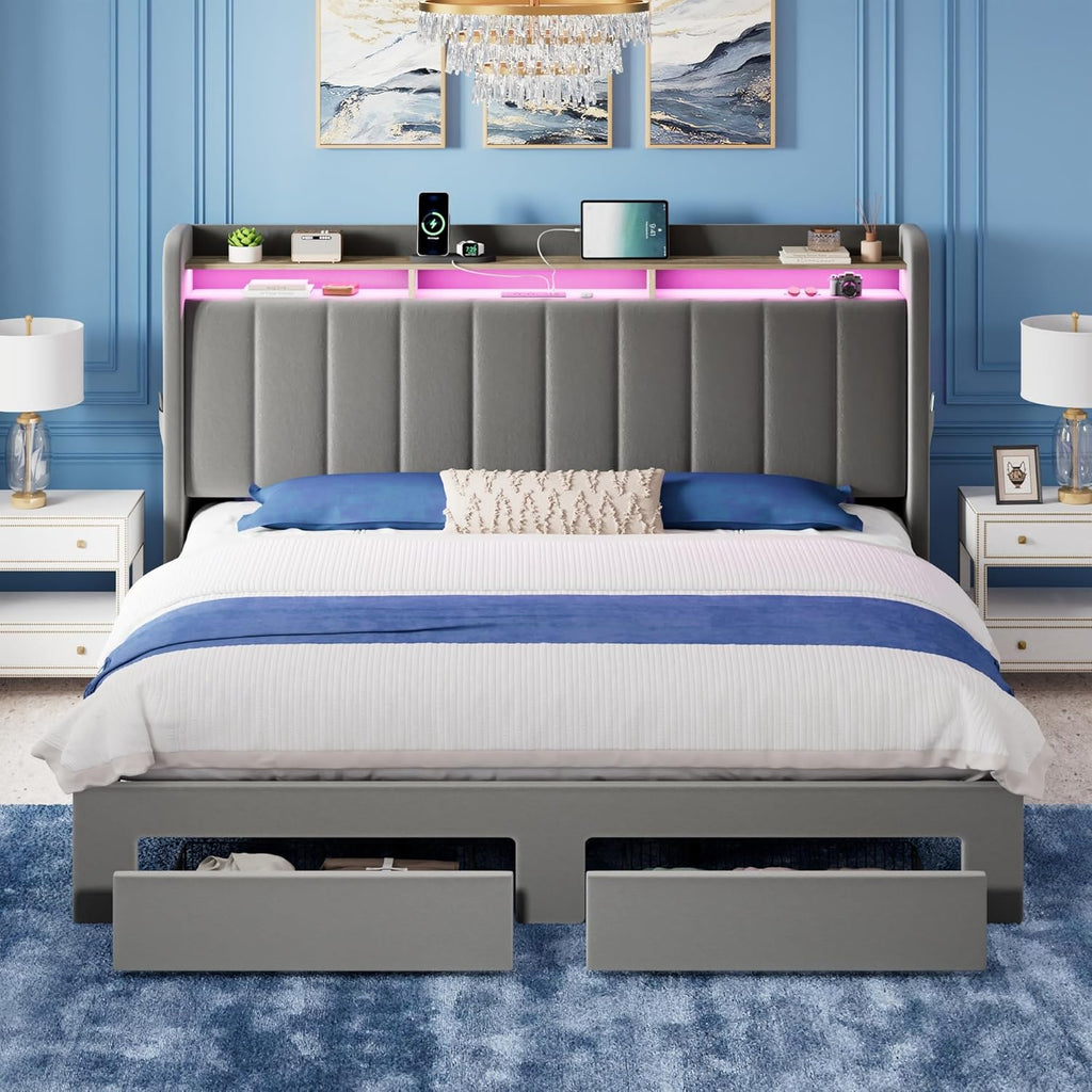 Allewie King Size Bed Frame with 2-Tier LED Storage Headboard, Velvet Upholstered King Platform Bed with 2 Storage Drawers, USB & Type-C Charging Ports, Noise-Free/No Box Spring Needed, Grey