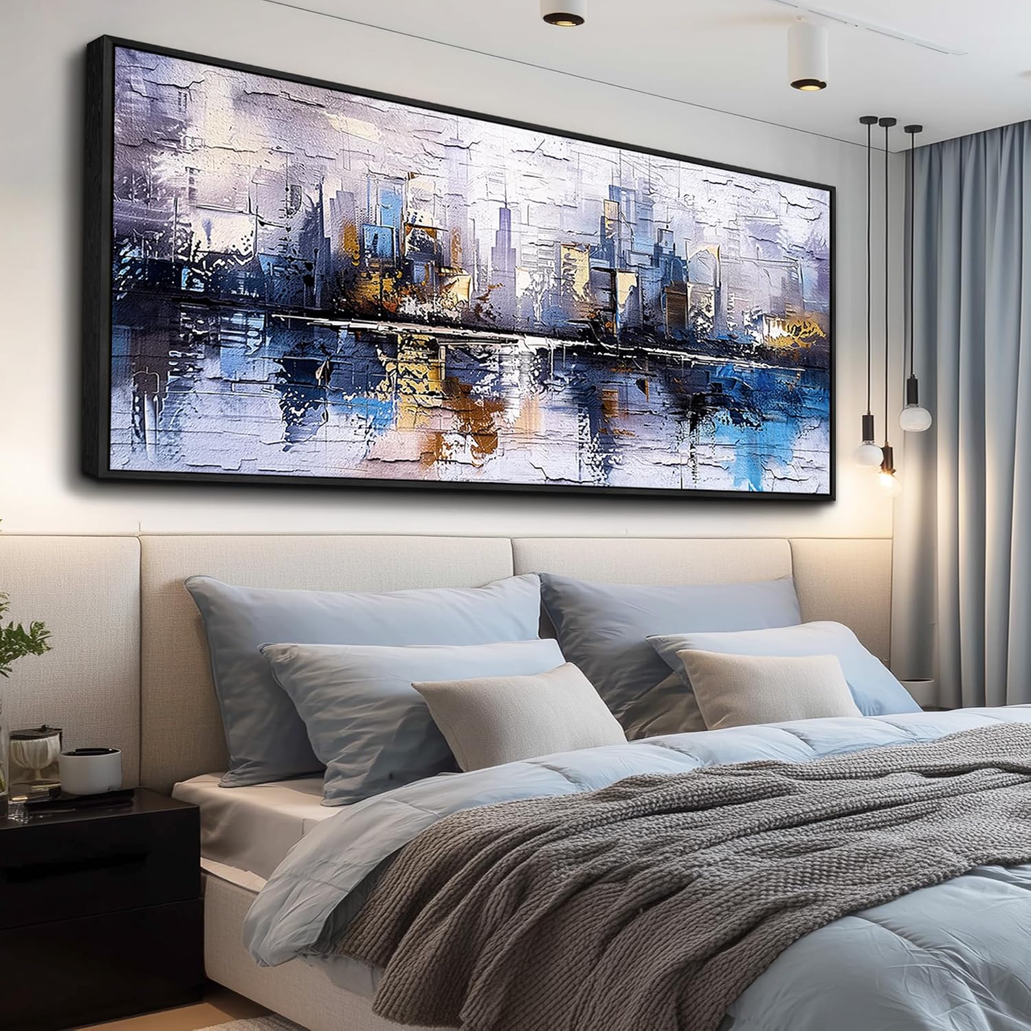 KELIYUAN Abstraction City Landscape Paintings Room Dining Room Canvas Wall Art For Living Room Bedroom Wall Decor Modern Home Decoration Office Pictures Hallway Mural Decoration 32'X72' Black Frame