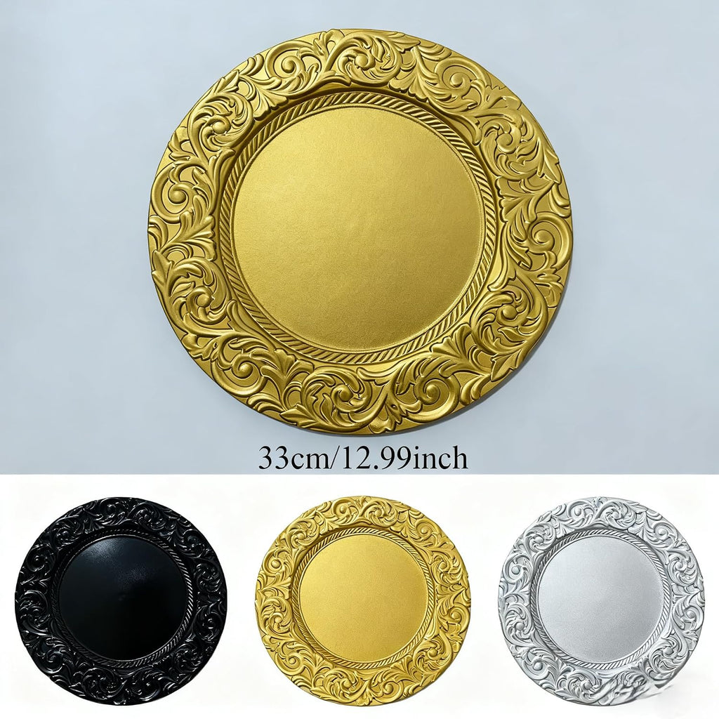 13' Elegant Charger Plate Durable Plastic Dinner Plates Set - 6/50/100 PCS Retro European Style in Gold, Silver, Black & Clear for Wedding, Party, Christmas Table Decoration