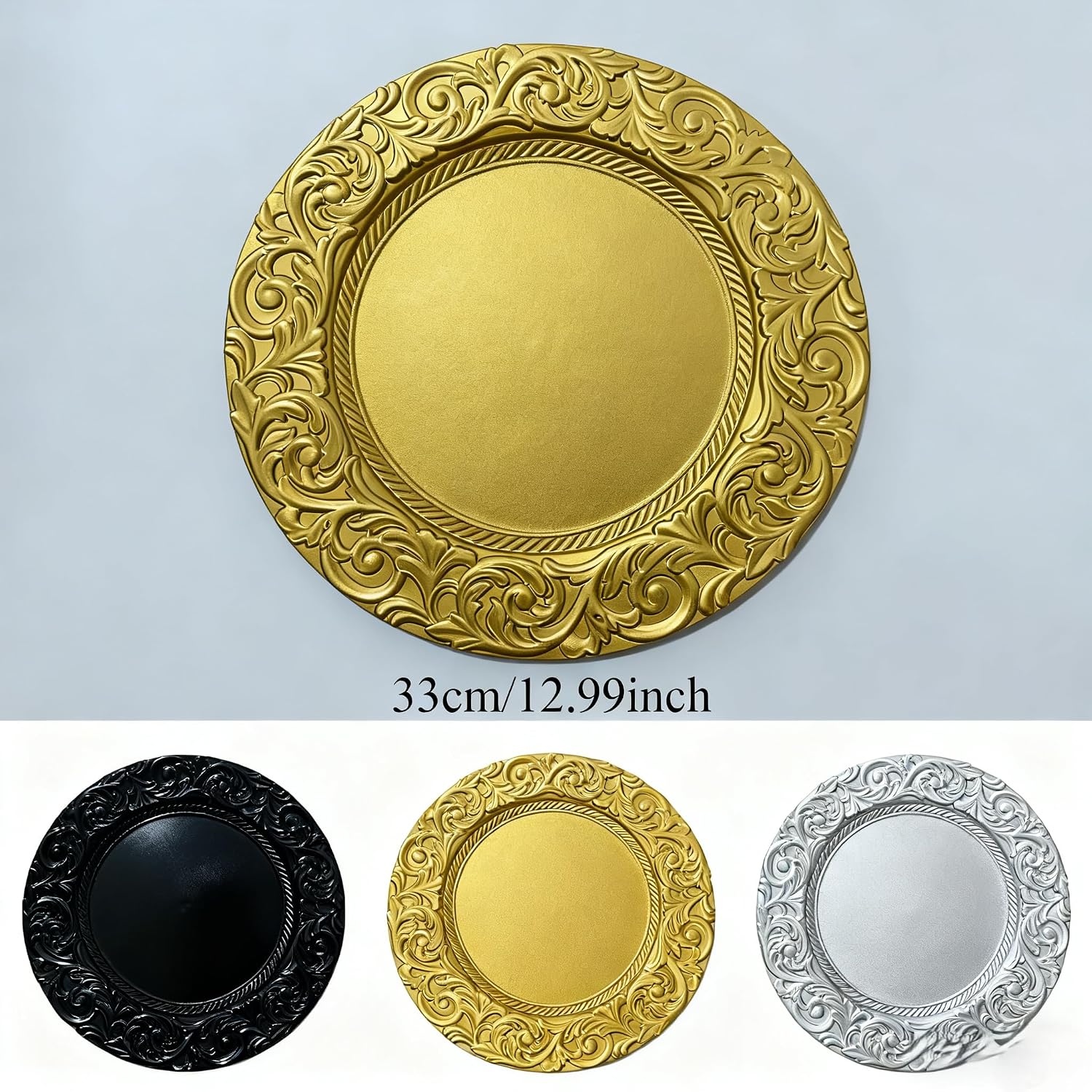 13' Elegant Charger Plate Durable Plastic Dinner Plates Set - 6/50/100 PCS Retro European Style in Gold, Silver, Black & Clear for Wedding, Party, Christmas Table Decoration