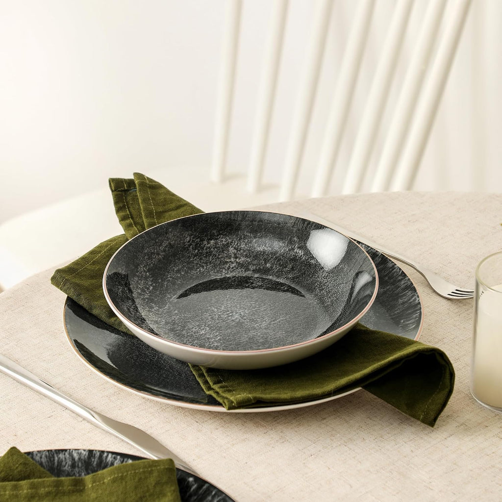 Christian Siriano Onyx 24-Piece Dinnerware Set Porcelain, Plates and Bowls Set, Hand Wash Dish, Dish Set for 8, Black and Gold