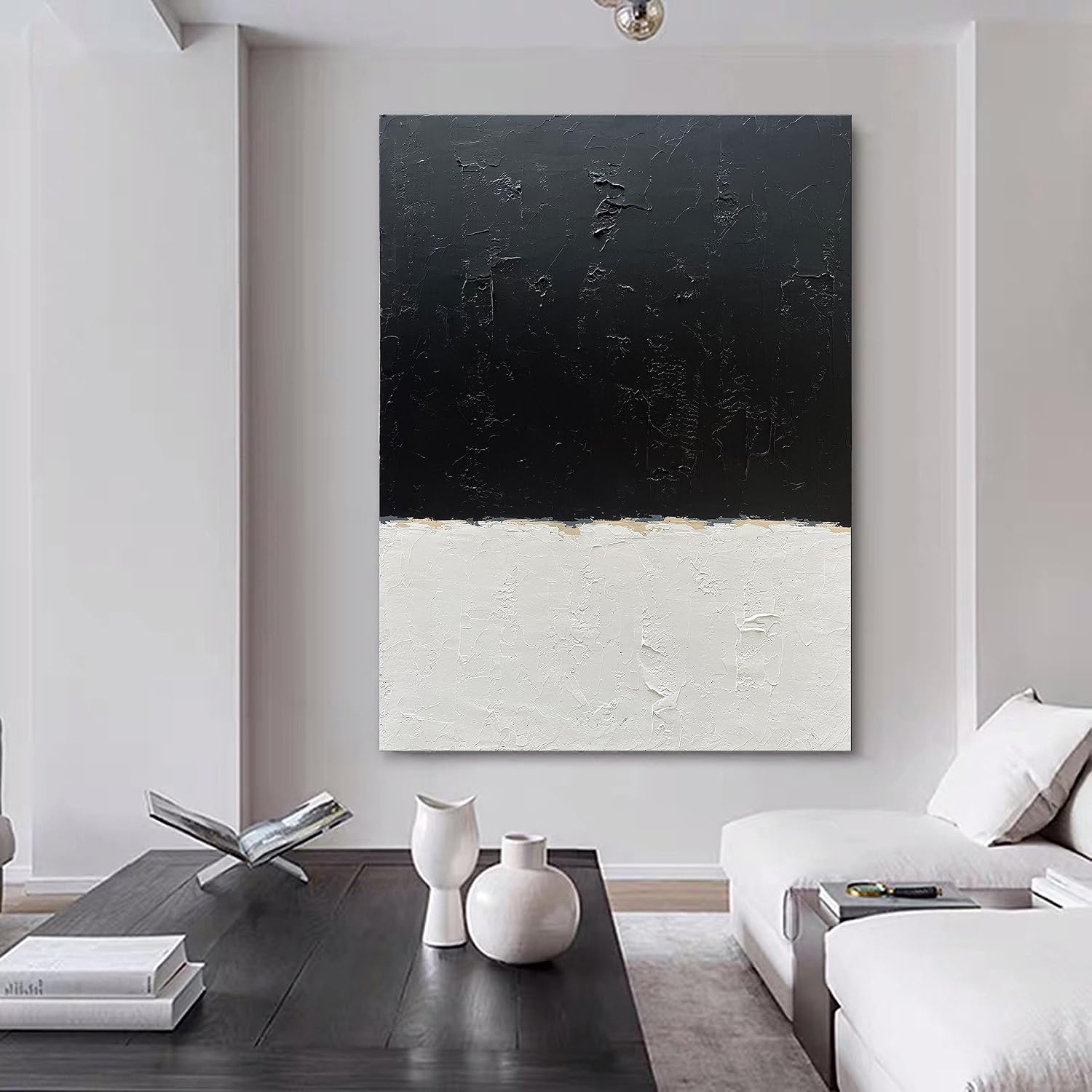 NANKAI Art Hand-painted black and white wall art, minimalist abstract painting large oil on canvas texture wall art Office Art Contemporary art 45x30 inches