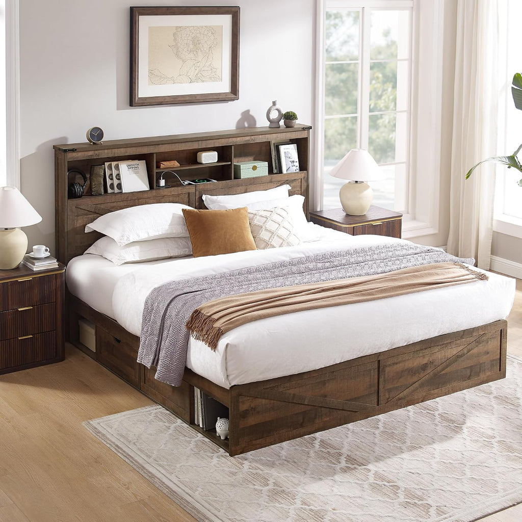 ACCOHOHO King Size Bed Frame with 52' High Storage Headboard and 4 Drawers,Wood Bed Frame with LED Light and Charging Station,Warm Brown