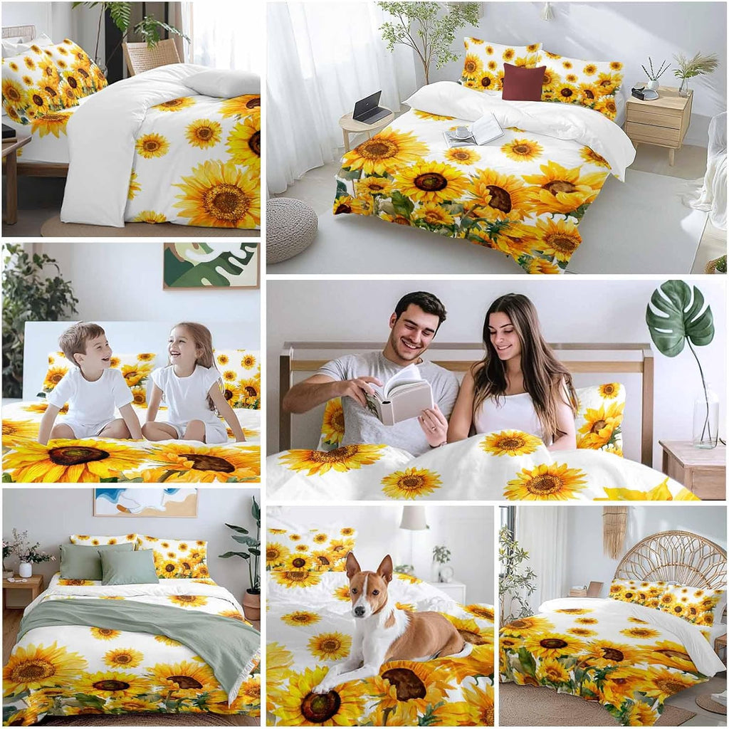 Prime Leader Summer Sunflower Duvet Cover Set Queen Size 4 Pieces Watercolor Flowers Farmhouse Bedding Set with Zipper Closure, 1 Comforter Cover 92x106 Inches 1 Flat Sheet & 2 Pillow Cases
