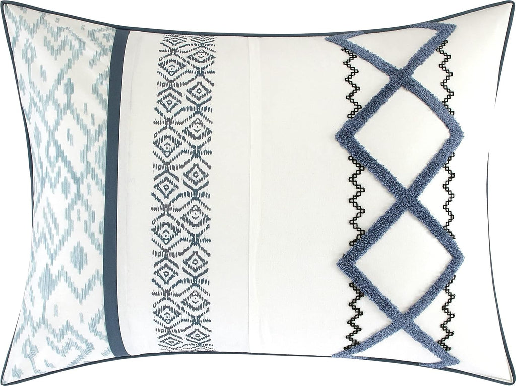 Grand Avenue Blue Comforter Set California King Size, 7 Piece Terry Embroidery All Season Bedding Set, Bedskirt, Pillows & Shams