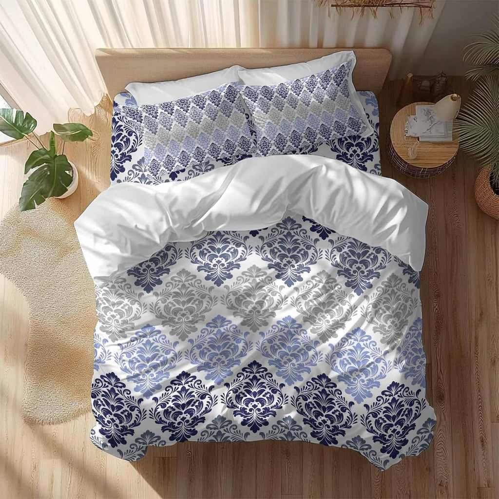 Prime Leader Vintage Floral Duvet Cover Set Queen Size 4 Pieces Blue Gray Flower Pattern Country Gradient Bedding Set with Zipper Closure, 1 Comforter Cover 90x92 Inches 1 Flat Sheet & 2 Pillow Cases