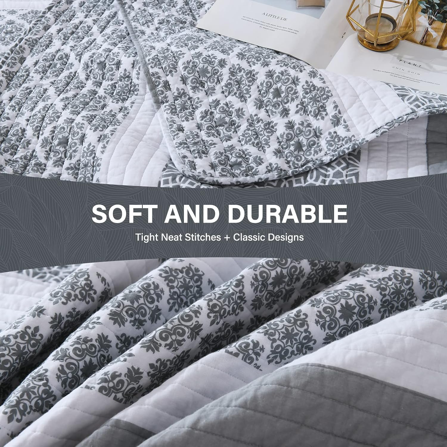 SahSahCasa Quilt King Size, King Quilt Set, 100% Cotton King Quilt Bedding Set Bedspreads, Reversible Lightweight Floral Patchwork Quilts Bedspread for King Bed, Bluish Grey, for All Season, 3-Piece