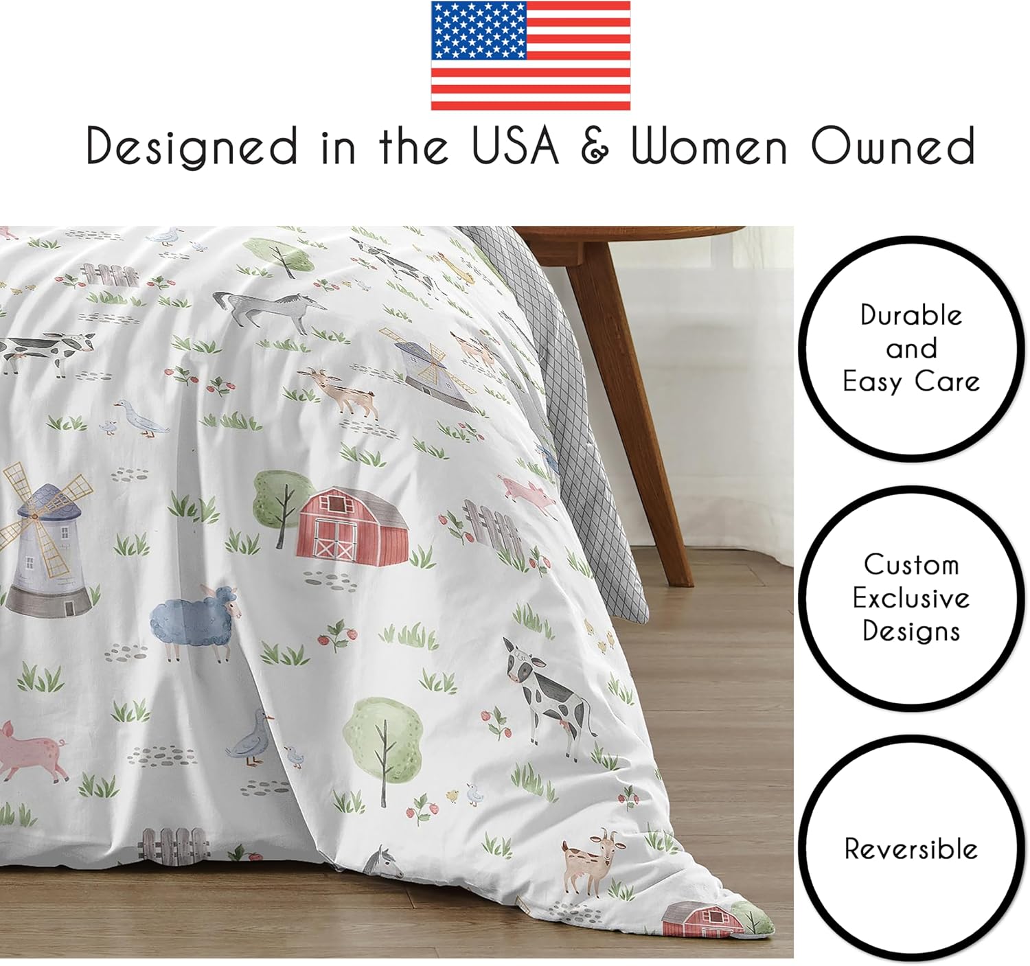 Sweet Jojo Designs Farm Animals Boy Girl Full/Queen Size Kid Childrens Bedding Comforter Set - 3 Pieces - Watercolor Farmhouse Lattice Horse Cow Sheep Pig