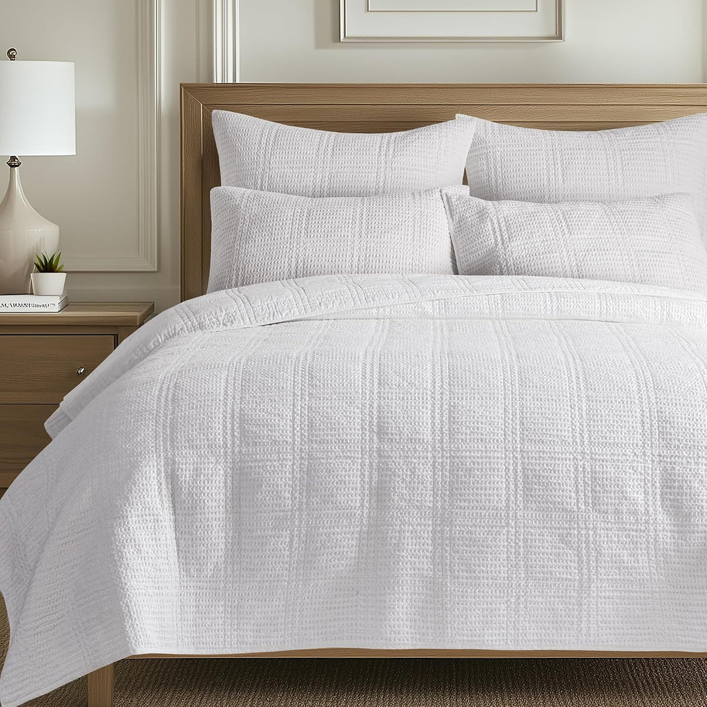 Levtex Home Cloud Waffle Full/Queen Quilt Set (88x92in) and 2 Pillow Shams (26x20) - Box Quilted Waffle Texture - Bright White - Cotton Full/Queen Size Quilt Bedding Set - Lightweight Soft Pre-Washed