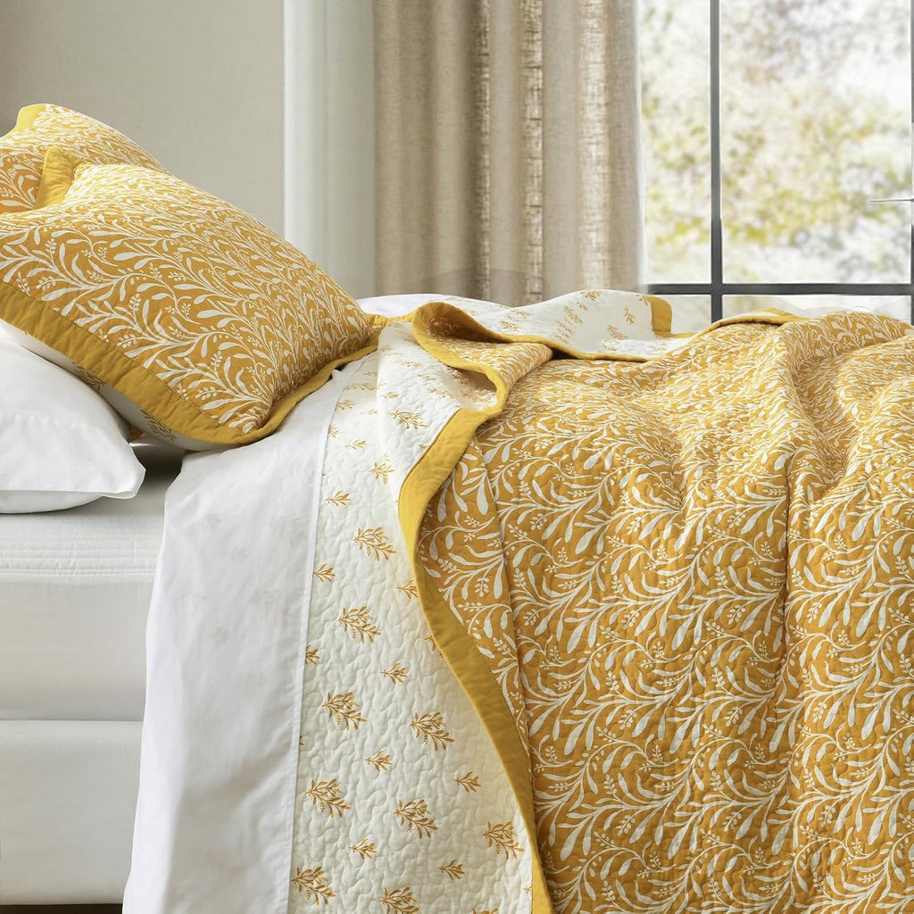 SahSahCasa Quilt Set King Size, 100% Cotton Quilt Bedding Set Bedspread, Botanical Pattern Solid Color Chic Lightweight Quilted Comforter for King Bed, Mustard Yellow, All Season, 3 Pieces