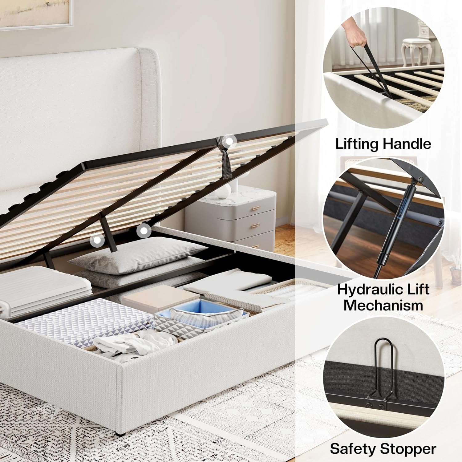 Jocisland Queen Size Bed Frame Lift Up Storage Bed Linen Upholstered Bed Frame with Hydraulic Storage/Wingback Headboard/No Box Spring Needed/White