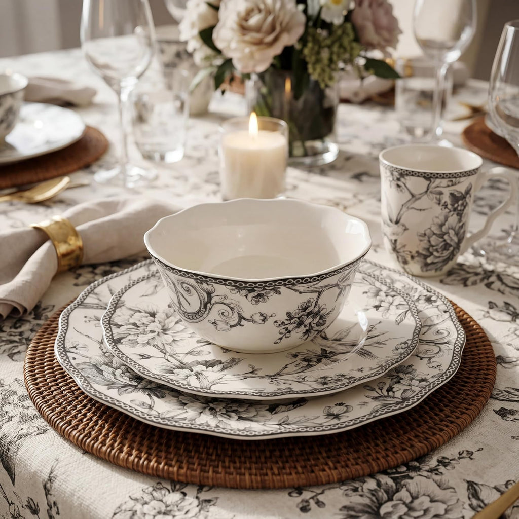 222 Fifth Adelaide 16-Piece Casual Grey Porcelain Dinnerware Set – Service for 4, Classic Toile Bird & Floral Design, Microwave & Dishwasher Safe, for Everyday Dining & Entertainment