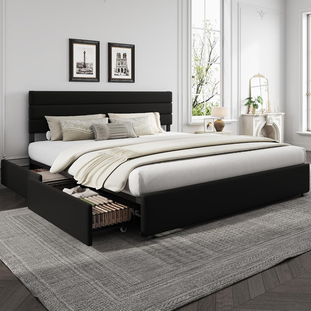 WLIVE King Size Upholstered Bed Frame with 4 Storage Drawers and Headboard, Velvet Platform Bedframe, Sturdy Metal & Wooden Slats Support, No Box Spring Needed, Easy Assembly, Black