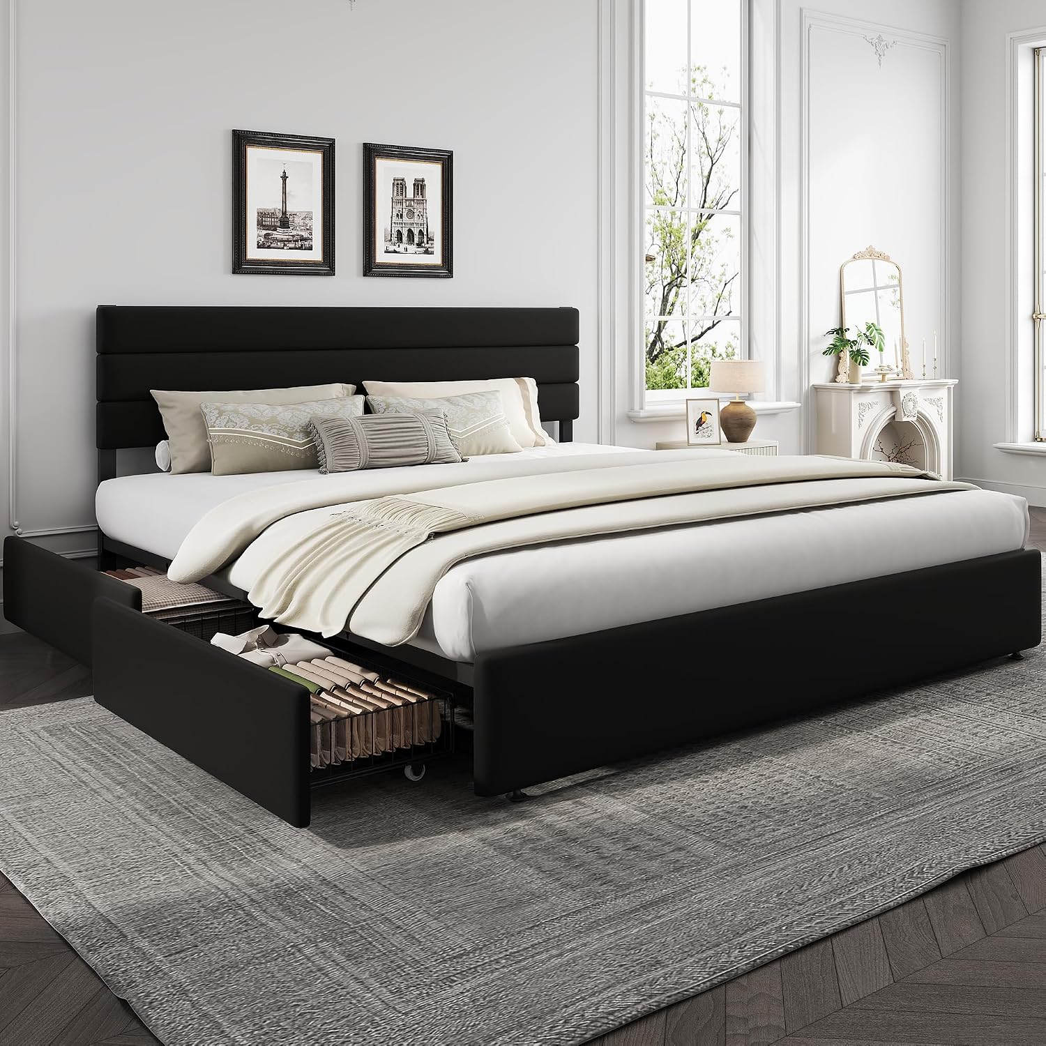 WLIVE King Size Upholstered Bed Frame with 4 Storage Drawers and Headboard, Velvet Platform Bedframe, Sturdy Metal & Wooden Slats Support, No Box Spring Needed, Easy Assembly, Black