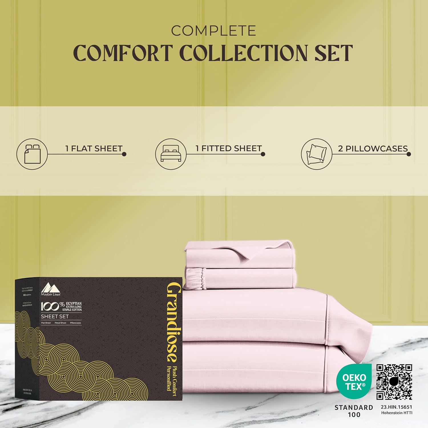Mayfair Linen 100% Pure Egyptian Cotton Sheet King Size - Luxury 1000 Series Grandiose Collection King Size Sheets Set (4 PC, Blush), 16' Deep Pocket Sateen Weave Soft Cooling Hotel Bed Sheets Set