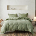 Simple&Opulence 100% Linen Duvet Cover Set with Crossed Embroidery Washed - 3 Pieces (1 Duvet Cover with 2 Pillow Shams) Soft Breathable Farmhouse - Sage Green, King Size