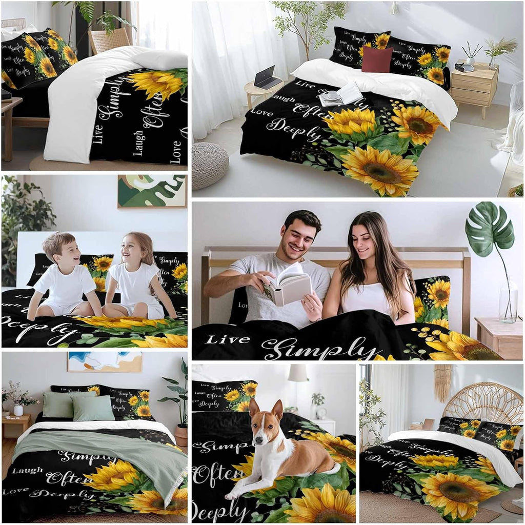 Prime Leader Sunflower Duvet Cover Set Queen Size 4 Pieces Live Simply Laugh Often Love Deeply Black Bedding Set with Zipper Closure, 1 Comforter Cover 90x92 Inches 1 Flat Sheet & 2 Pillow Cases