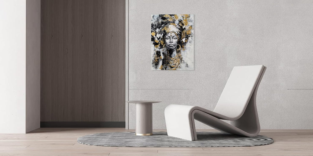 Yihui Arts Black Woman Painting with Gold Foil - Hand Painted African American Canvas Wall Art for Living Room, Bedroom, and Hallway Decor