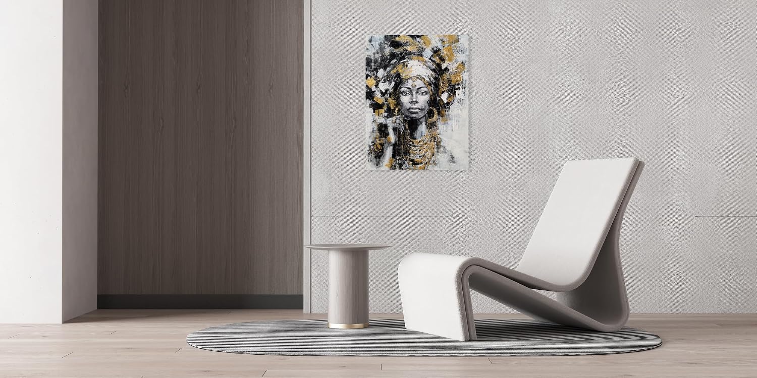 Yihui Arts Black Woman Painting with Gold Foil - Hand Painted African American Canvas Wall Art for Living Room, Bedroom, and Hallway Decor