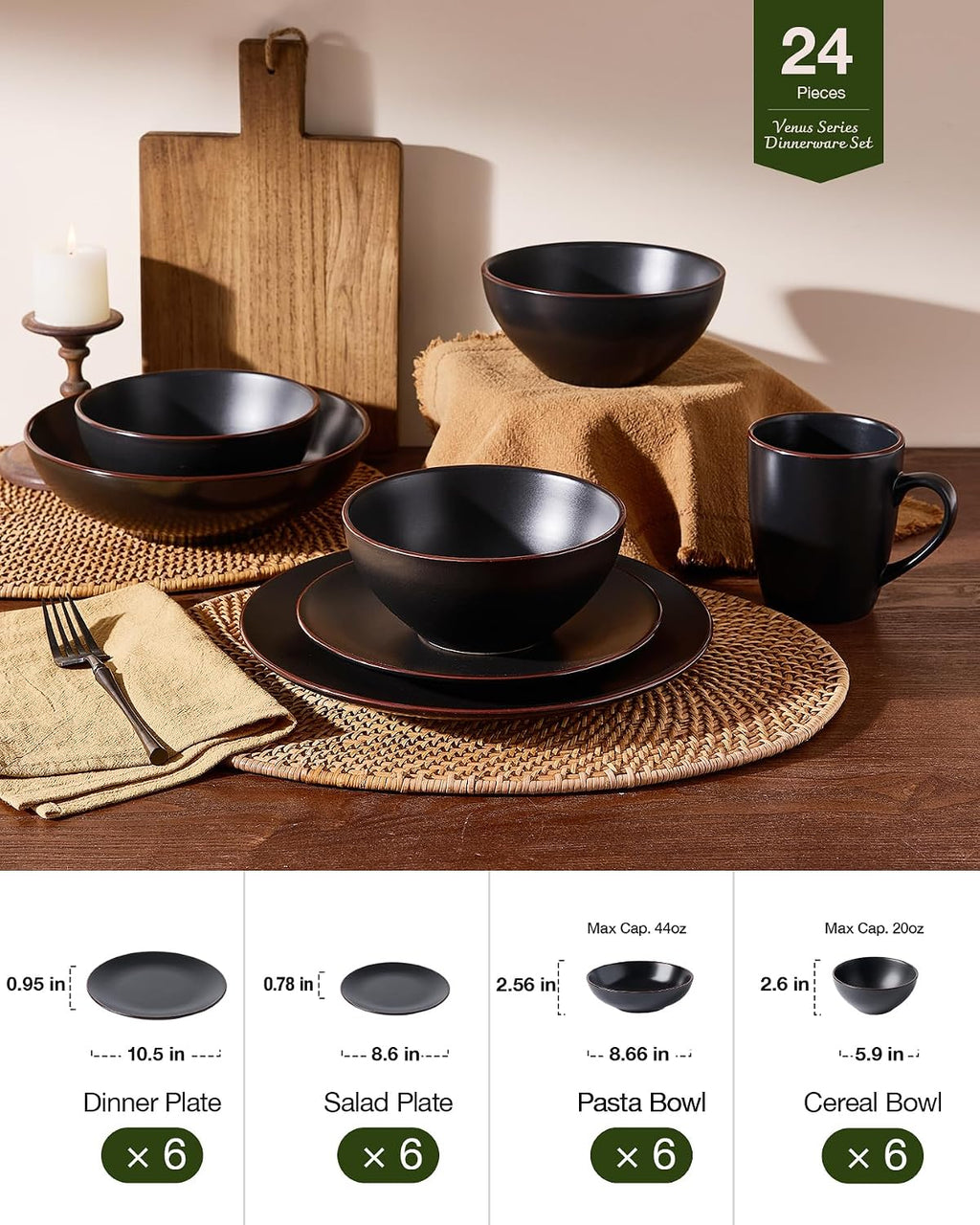 Famiware Venus Stoneware Dinnerware Sets with Pasta Bowls for 6, 24-Piece Plates and Bowls with Trim, Matte Black - Modern Chip-Resistant Dish Set for Everyday & Formal Use, Microwave/Dishwasher Safe