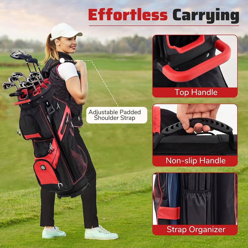 Goplus Lightweight Golf Cart Bag, Molded Lock Top Golf Club Bag w/14-Way Full Length Organizer Dividers, 11 Pockets, Cooler Bag, Straps, Umbrella Holder & Rain Hood for Men Women