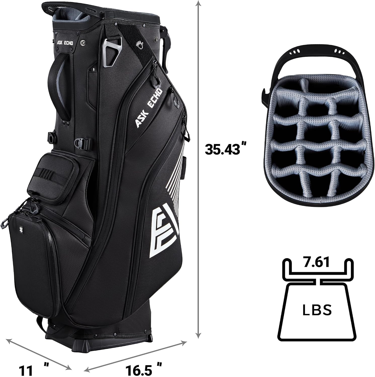 ASK ECHO Golf ST-14 Hybrid Stand Bag with 14 Way Full Length Dividers & Quick Putter Clip