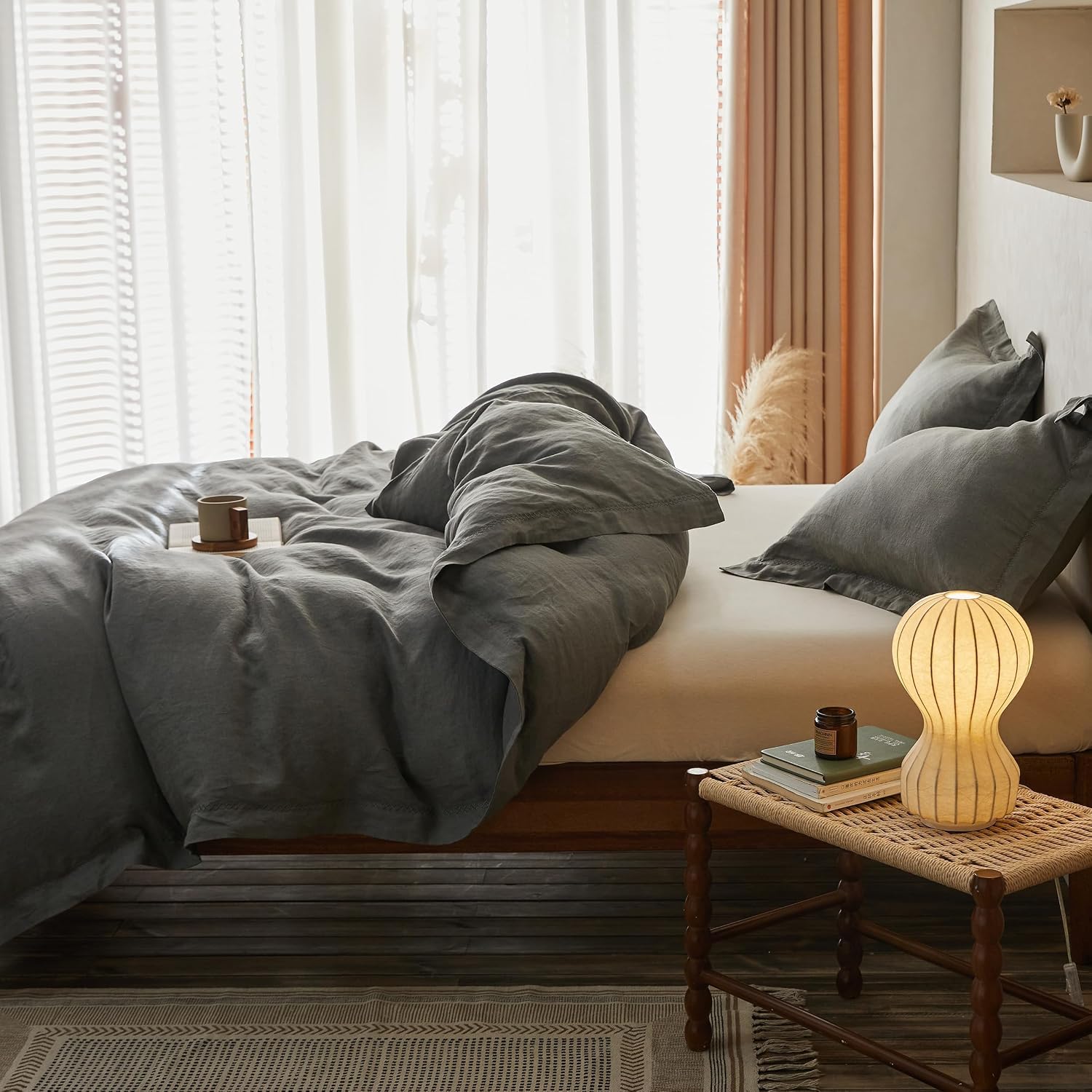Simple&Opulence 100% Linen Duvet Cover Set with Crossed Embroidery Washed - 3 Pieces (1 Duvet Cover with 2 Pillow Shams) Soft Breathable Farmhouse - Cushing Green, Queen Size