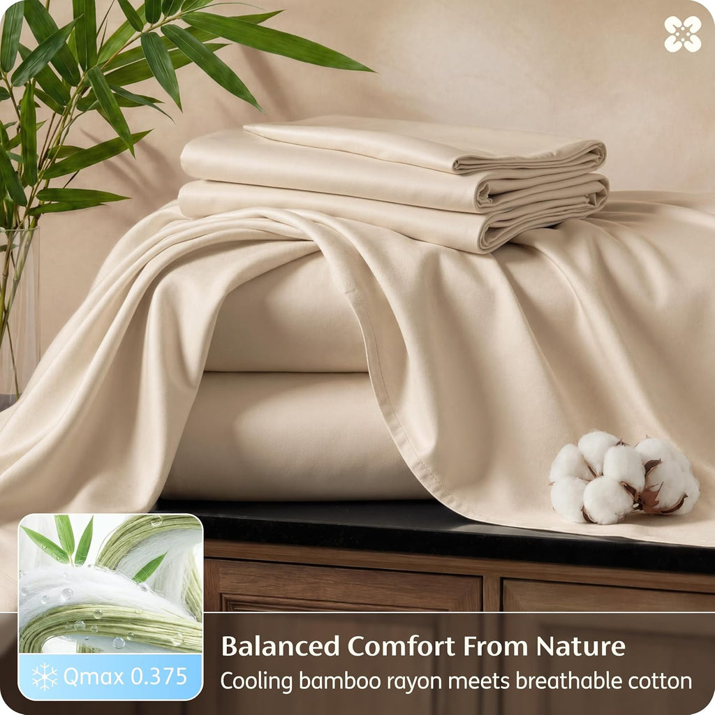 Bedsure Bamboo Viscose Cooling Sheets, Rayon Cotton Serene Blend, PureWoven, Breathable & Buttery Soft King Size Sheets Set, Deep Pocket Up to 18', Hotel Luxury Bedding for Hot Sleepers, Beige