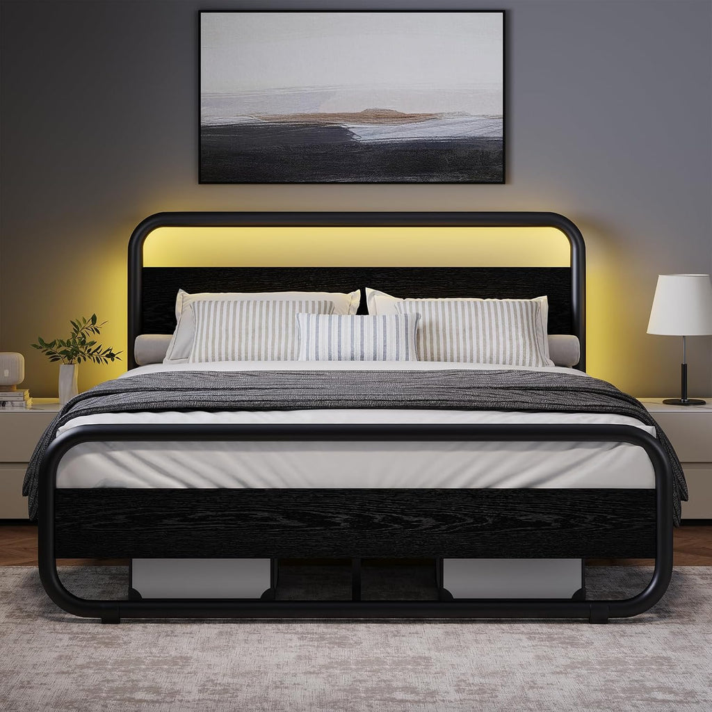 Catrimown King Size Bed Frame, Heavy Duty Metal Rustic King Platform Bed Frame with Wood Headboard, Under Bed Storage, Noise Free, No Box Spring Needed, Black