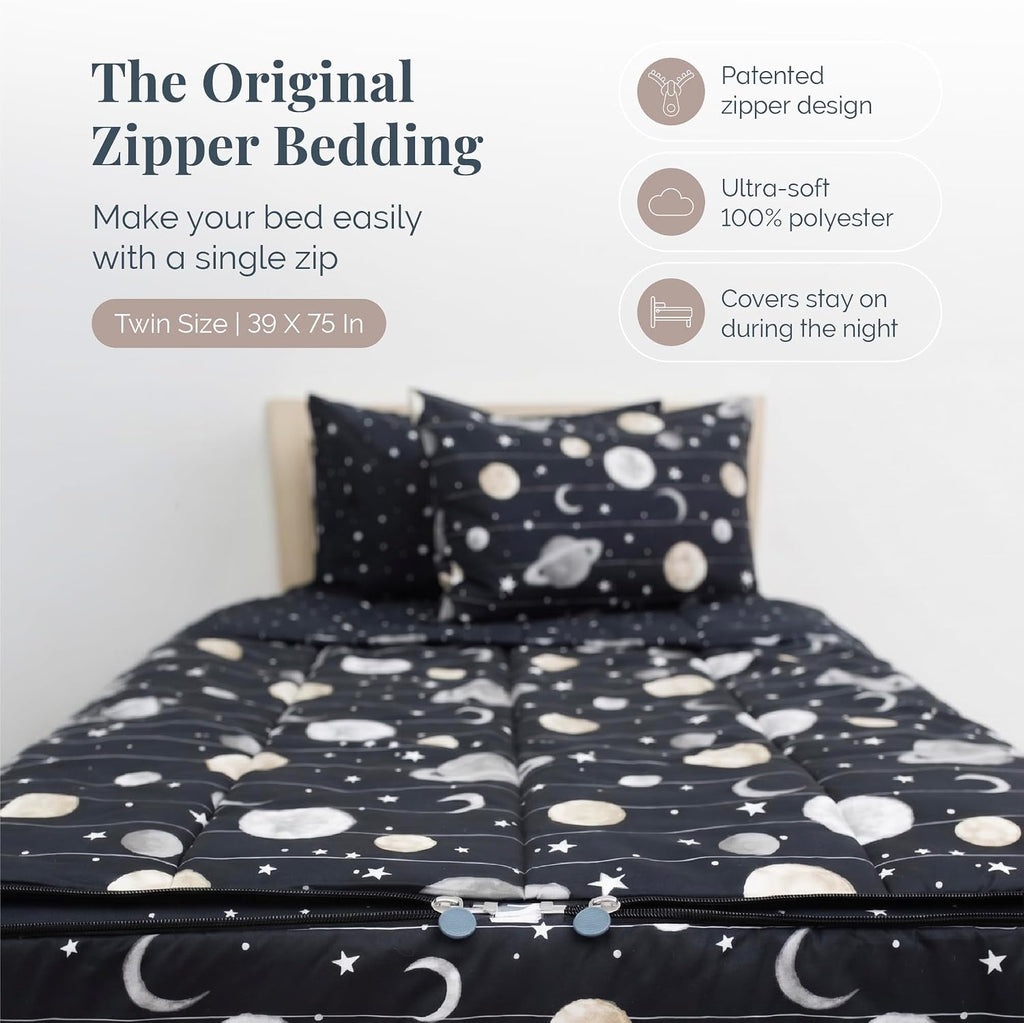 Beddy's Outer Space Themed Durable Zipper Bedding for Kids/Teens - Bed in a Bag-Black Sheets and Universe Galaxy Comforter with Stars & Solar System,Includes Pillowcase & Sham-Easy to Make & Wash-Twin