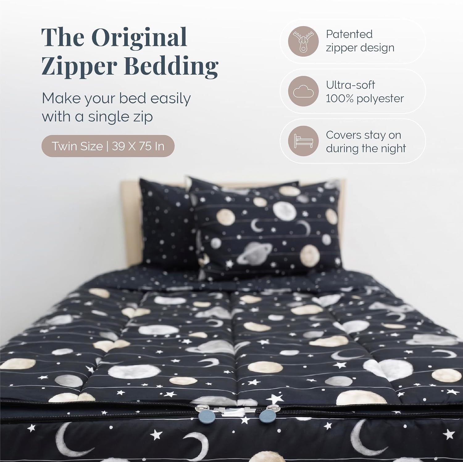 Beddy's Outer Space Themed Durable Zipper Bedding for Kids/Teens - Bed in a Bag-Black Sheets and Universe Galaxy Comforter with Stars & Solar System,Includes Pillowcase & Sham-Easy to Make & Wash-Twin