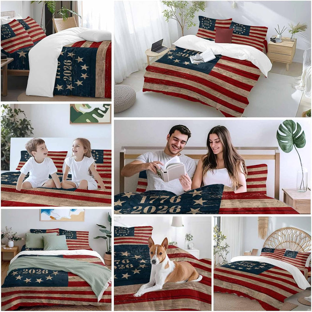 Independence Day Duvet Cover Set Queen Size 4 Pieces Retro American Flag Patriotic Red Blue Stripe Star Bedding Set with Zipper Closure, 1 Comforter Cover 90x92 Inches 1 Flat Sheet & 2 Pillow Cases