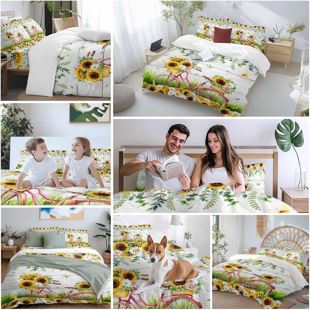 Spring Floral Duvet Cover Set Queen Size 4 Pieces Sunflower Daisy Bike Eucalyptus Leaves Grey Wood Bedding Set with Zipper Closure, 1 Comforter Cover 90x92 Inches 1 Flat Sheet & 2 Pillow Cases