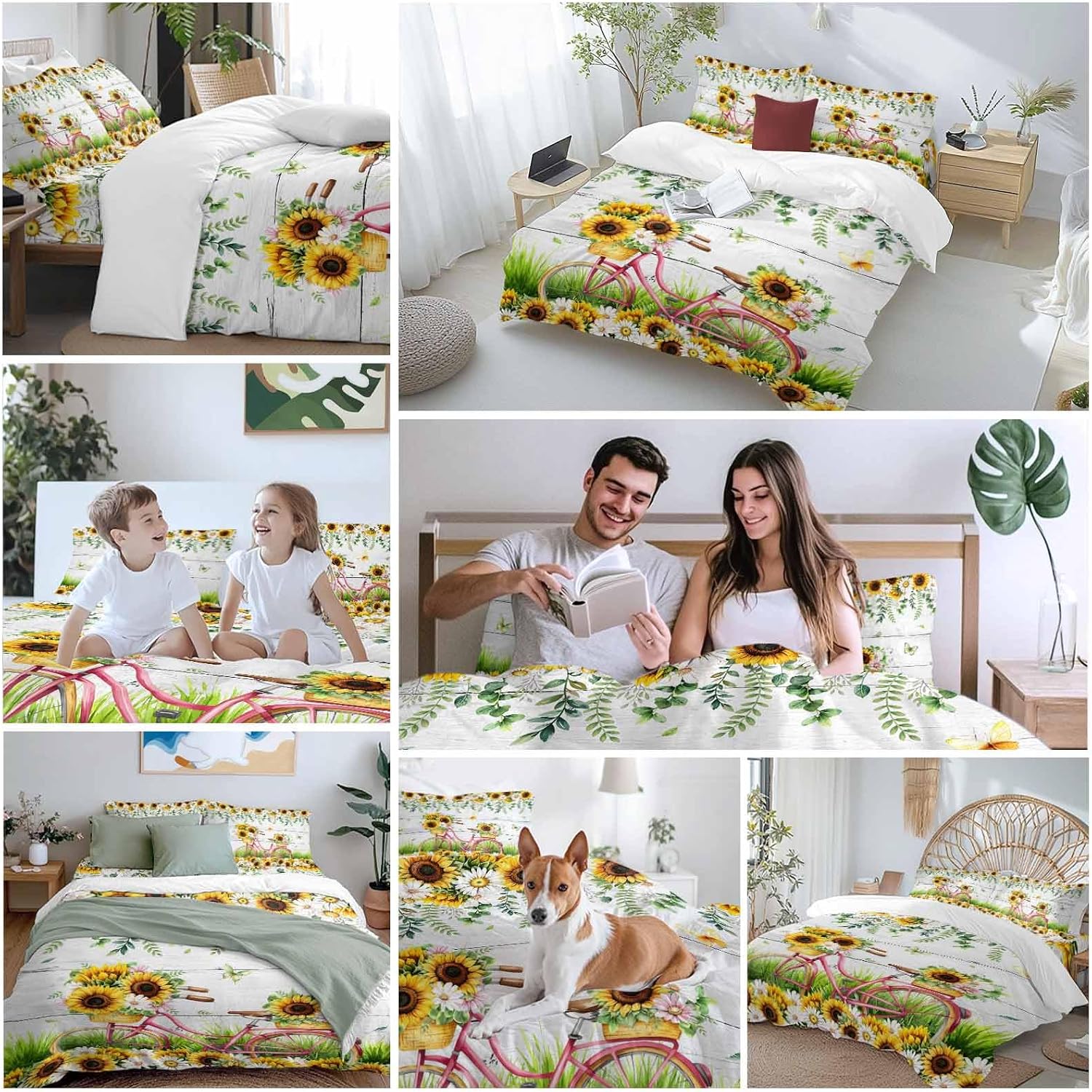 Spring Floral Duvet Cover Set Queen Size 4 Pieces Sunflower Daisy Bike Eucalyptus Leaves Grey Wood Bedding Set with Zipper Closure, 1 Comforter Cover 90x92 Inches 1 Flat Sheet & 2 Pillow Cases